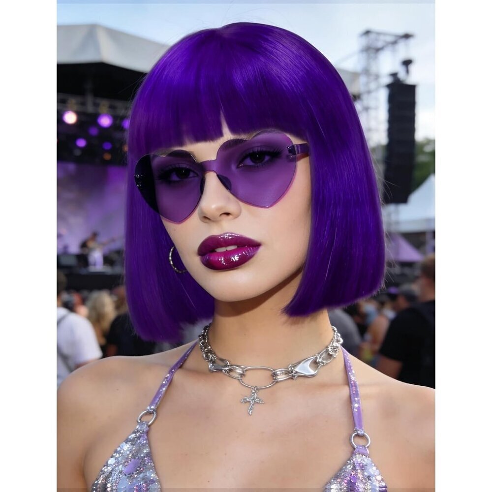 Women's Dark Purple 12 Inch Costume Cosplay Party Short Bob Wigs And Sunglass - Picture 4 of 7